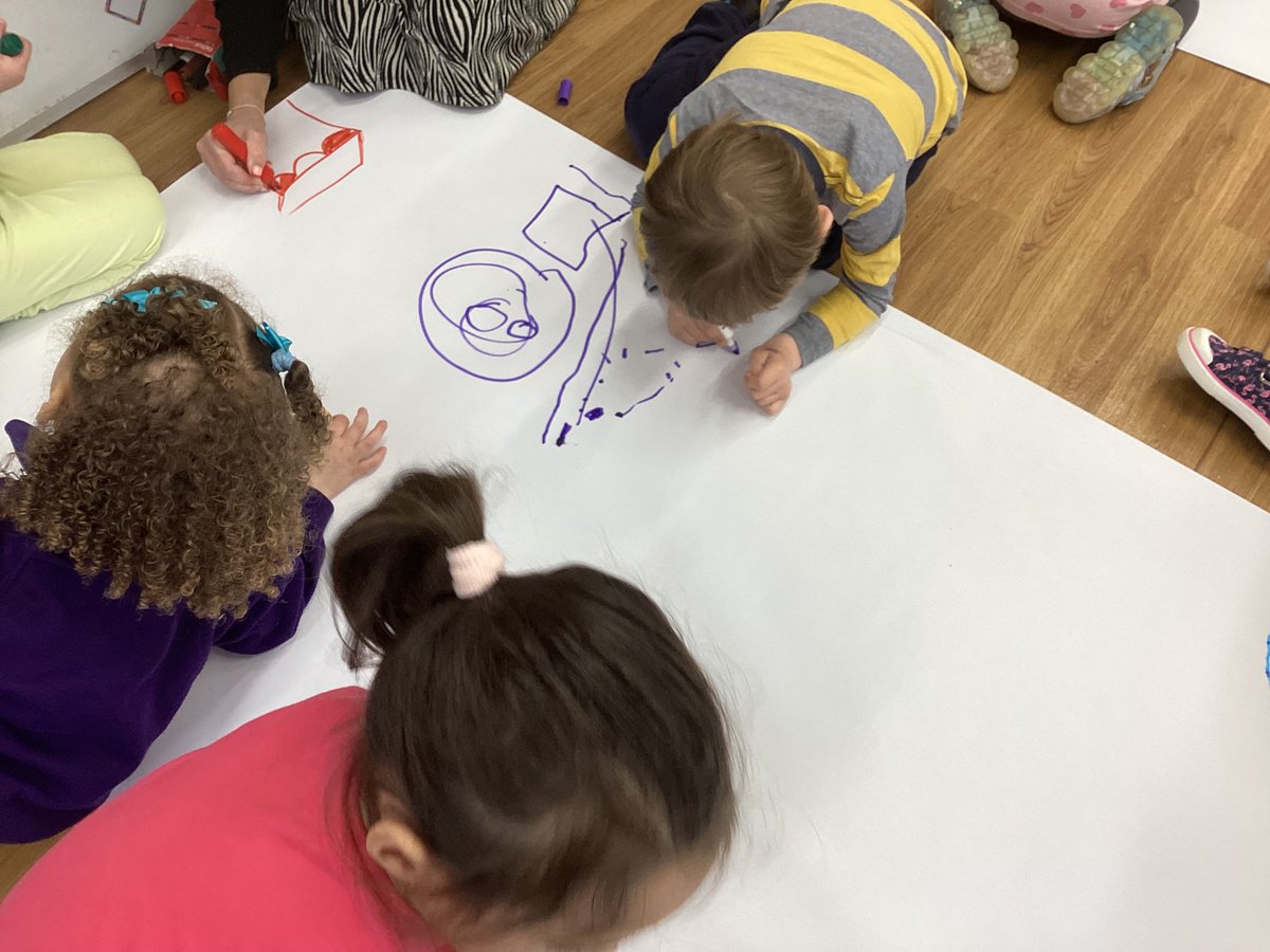 Pre-school have been busy learning about fairytales and have been busy drawing how the setting for their fairytale would look- Marshmallow clouds, chocolate castles, Ice cream towers and many other ideas- how a story is composed, early writing skills, large shoulder pivot.