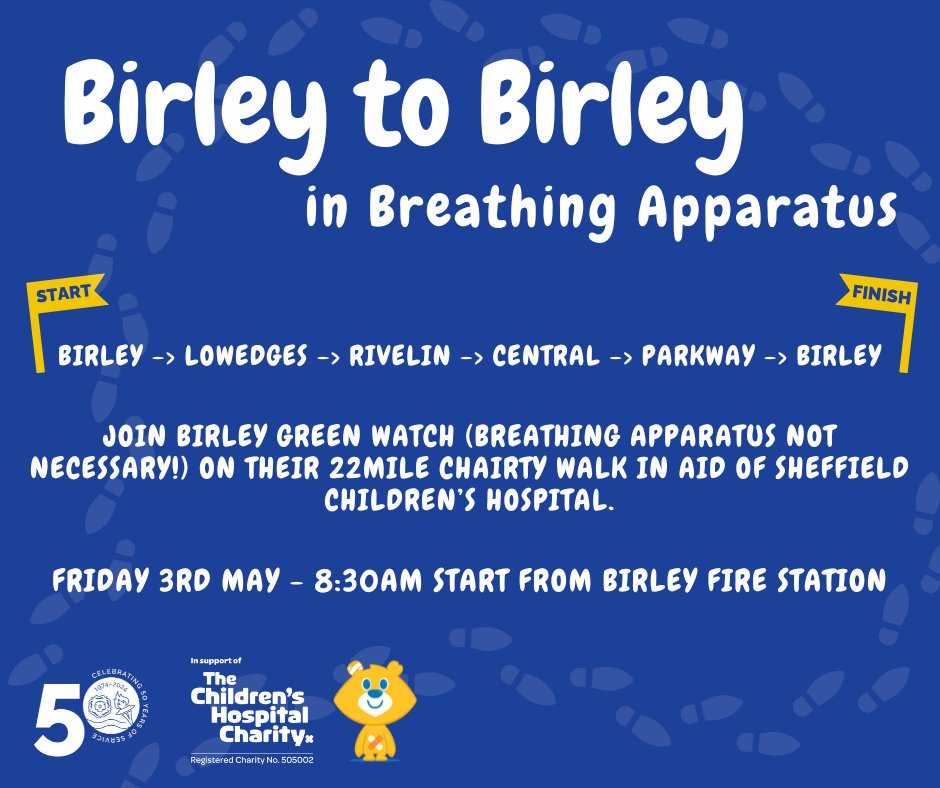 This Friday!! Birley Green Watch are taking on an epic 22 mile charity walk from Birley Fire Station and back again, while stopping off at Lowedges, Rivelin, Central and Parkway Stations!