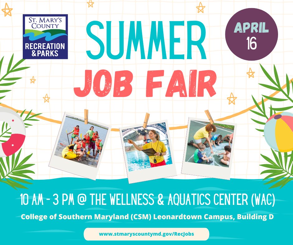 #WorkHereWednesday🌞Dive into a summer of fun with us - drop your resume, meet the team, and apply at the Rec & Parks Summer Job Fair! 
📣Camp counselors
❤️‍🩹Therapeutic recreation staff 
🛟Lifeguards
🔐Facility supervisors & custodians
Get the details: stmaryscountymd.gov/pio/docs/2024-…