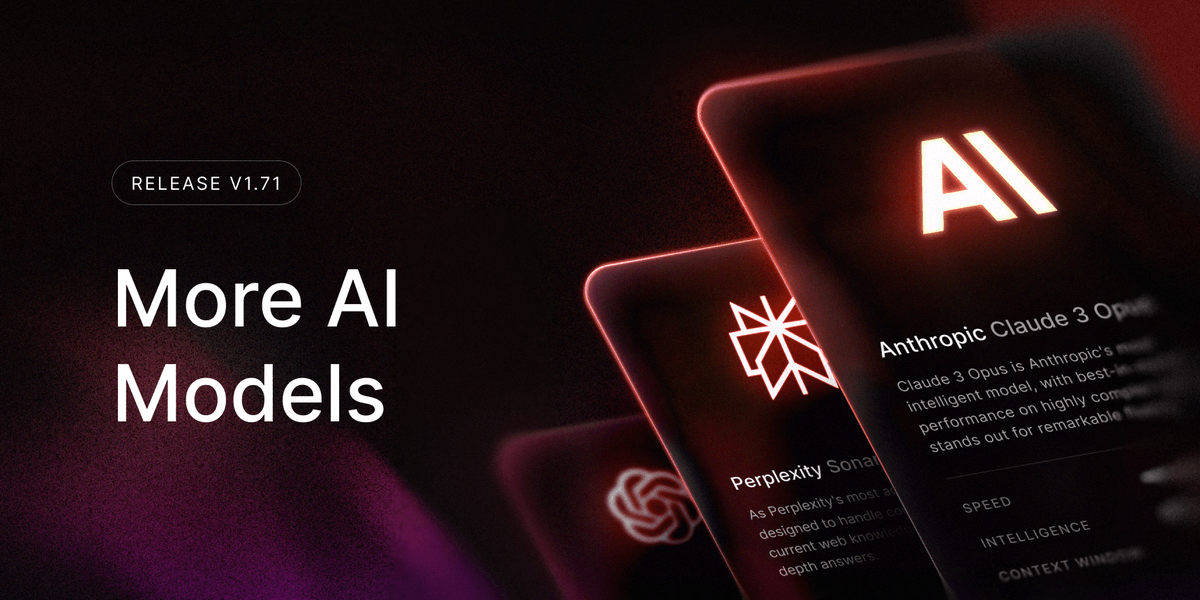 ✨ We're excited to introduce new models from OpenAI, Anthropic, Perplexity, Mistral and Meta to Raycast. One interface, many LLMs. Learn more 👉 raycast.com/changelog/1-71…