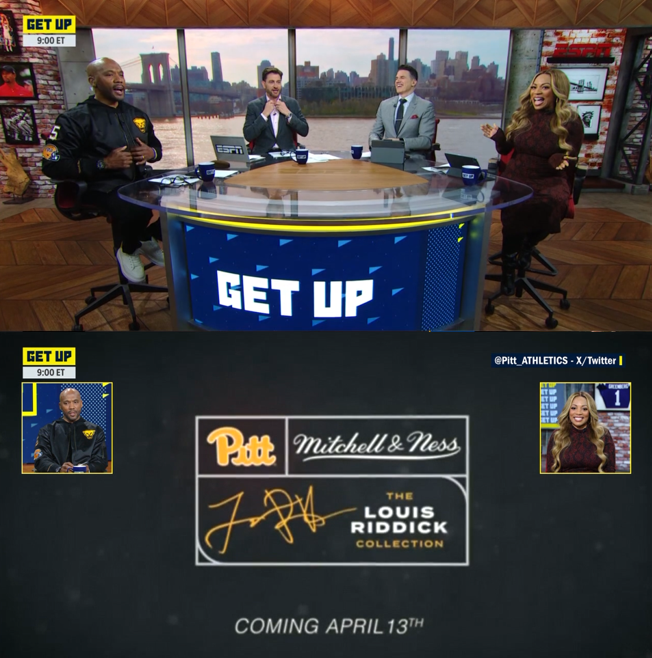 .@LRiddickESPN is sporting his new @mitchell_ness collection @Pitt_ATHLETICS gear this morning on @GetUpESPN. Very sharp. A lot of #H2P fans are going to be buying that jacket! More: pi.tt/riddick