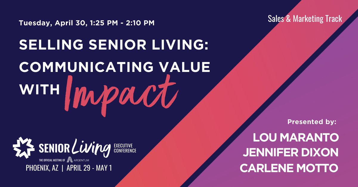 Speakers Lou Maranto, Carlene Motto, and Jennifer Dixon come together to discuss #SeniorLiving #SalesandMarketing on Tues, April 30 at the Phoenix Convention Center & Venues.

View full agenda: bit.ly/4aA5E3H

Register at SeniorLivingConference.com

#SLEC2024