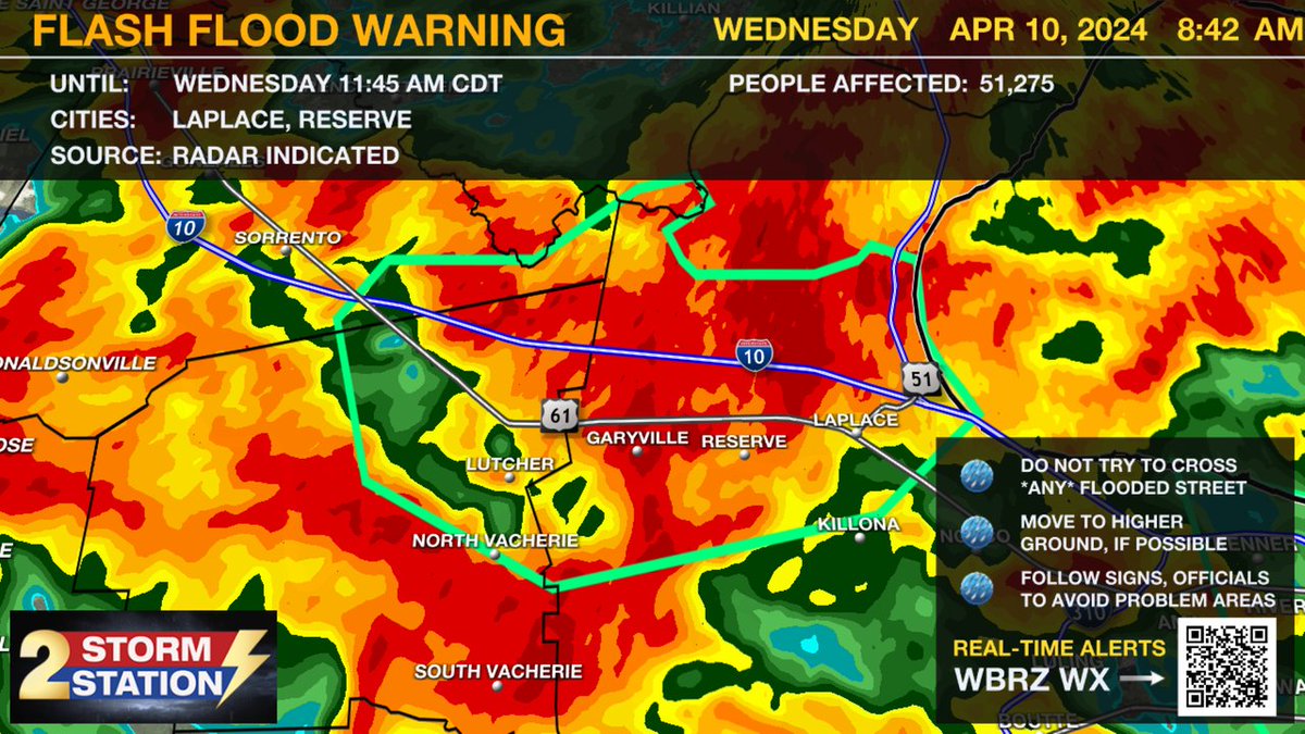 A ***FLASH FLOOD WARNING*** has been issued for St. John The Baptist, St. James, Ascension, Livingston, St. Charles until 4/10 11:45AM. Roads may be flooded, turn around don't drown! #LAwx Download the WBRZ Weather App: wbrz.com/news/download-…