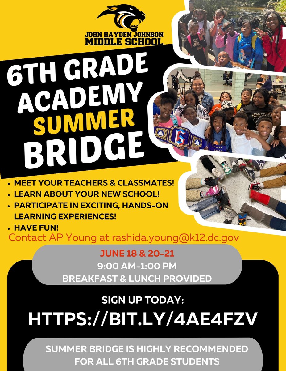 Attention ALL! Johnson Middle School's 6th-grade academy presents Summer Bridge June 18th and 20th-21st Contact AP Young at rashida.young@k12.dc.gov for questions. CLICK THIS LINK TO REGISTER: bit.ly/4aPCeyFSpread #futureready