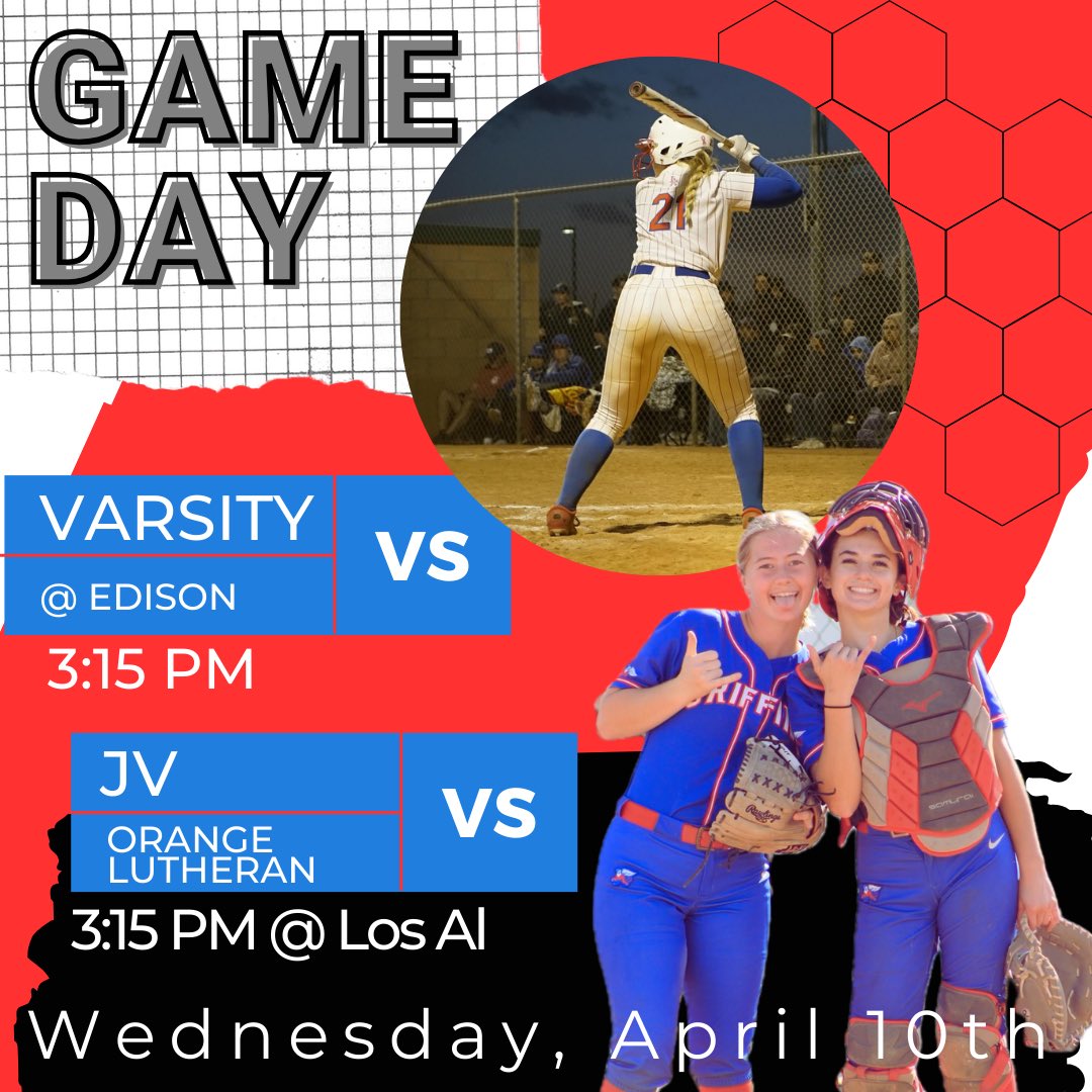 ‼️GAME DAY‼️ Wednesday, April 10th 🥎Varsity @ Edison 3:15 pm 🥎JV vs. Orange Lutheran @ Los Al 3:15 pm  🔥Let’s get it ladies!