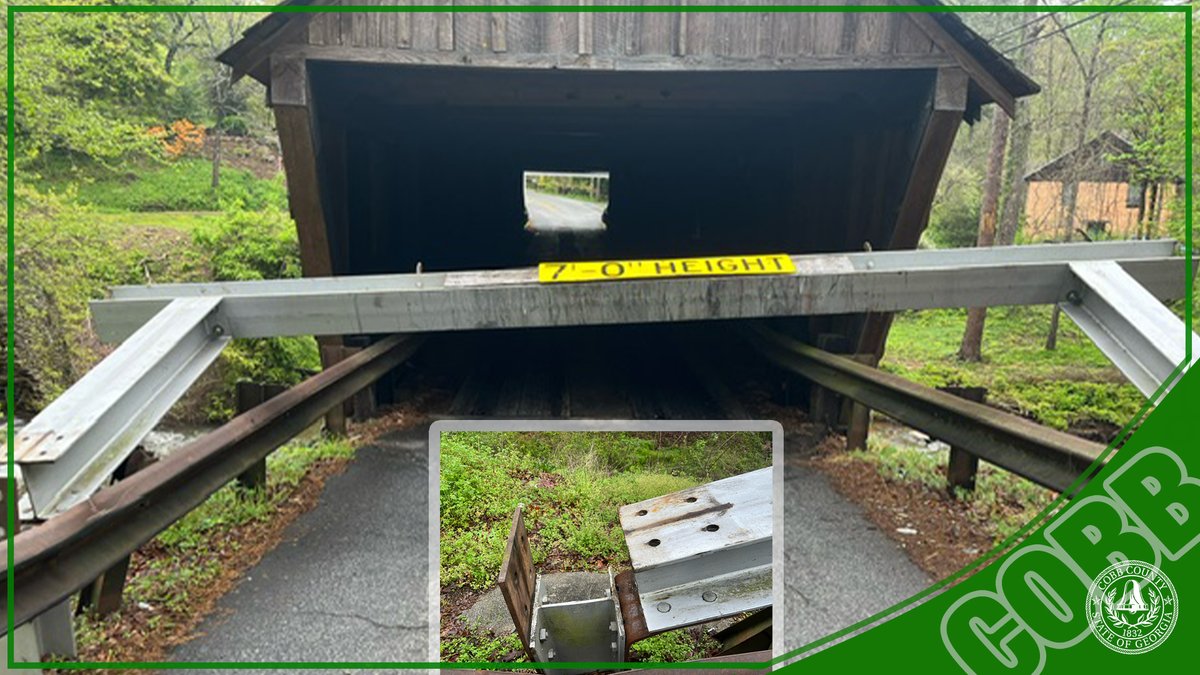 TRAFFIC ALERT Concord Road is closed at the historic Covered Bridge as DOT crews repair the breakaway protective beam on the Mableton side of the bridge. Work should be completed around 10 a.m. The driver of a landscaping chipper truck was ticketed. bit.ly/3xDBrCl