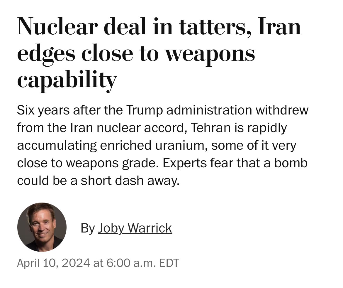 Those really smart Iran analysts who sold Trump a bill of goods about killing the nuclear deal and negotiating a better one (there wasn’t any) are the loudest complainers about Iran’s growing enrichment capability. Definition of irony.