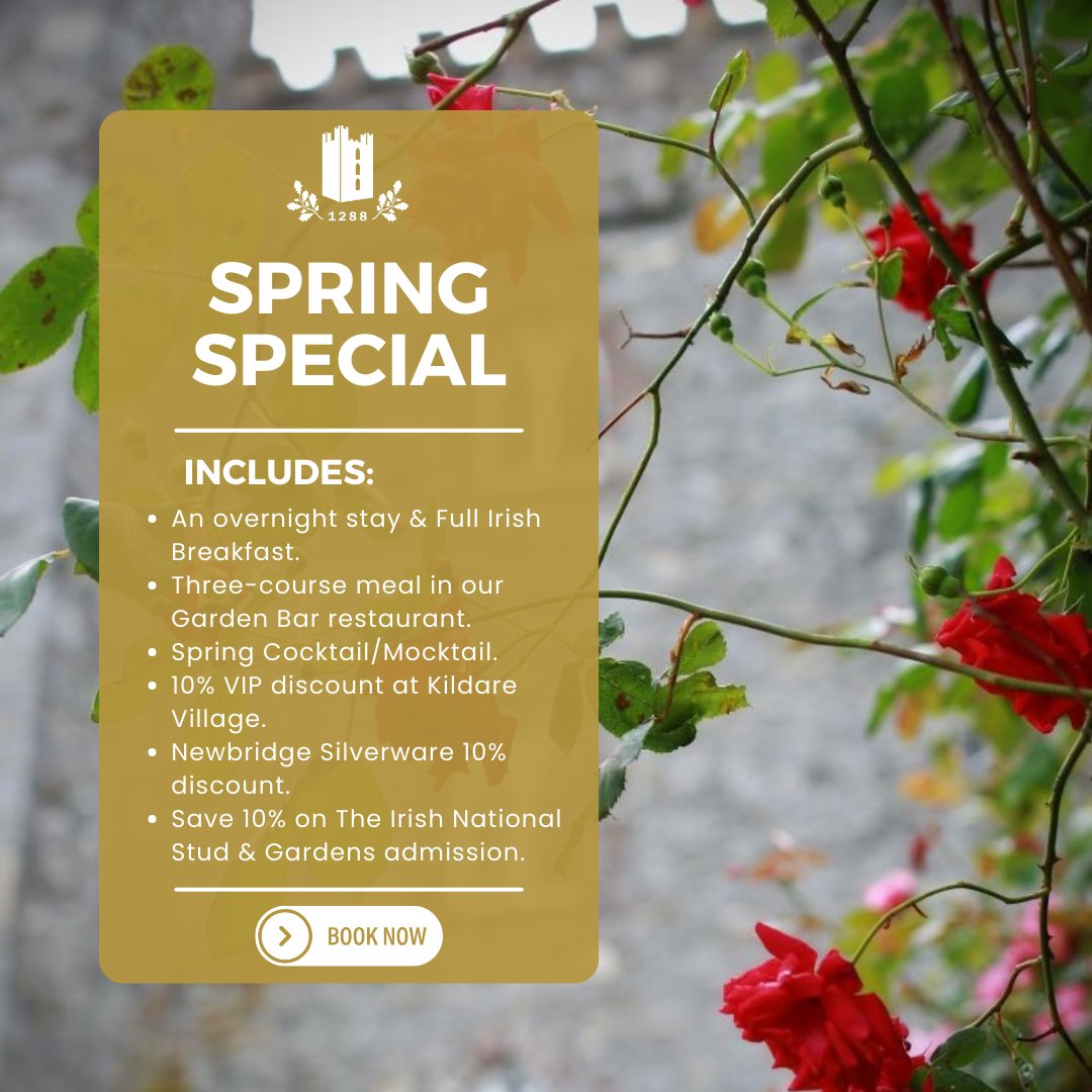 Spring Special 🌷: 🛏️Overnight stay (B&B) 🍽️ 3-course meal (Garden Bar) 🍹Cocktail 🛍️ 🌳💍10% discount at Kildare Village, Newbridge Silverware & Irish National Stud & Gardens 🔗Book: bit.ly/3VKA7YB #spring #easter #barberstowncastle #getaway #staycation