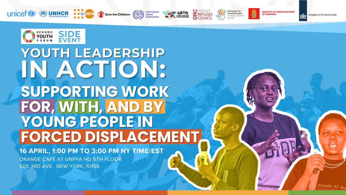 ❗️Don't miss the chance to stand with young leaders from around the world @UNECOSOC Youth Forum 2024! Join @IloProspects @DutchMFA @Denmark_UN and partners on supporting work for, with and by young people in forced displacement. 👉Register now: bit.ly/ECOSOCYF24