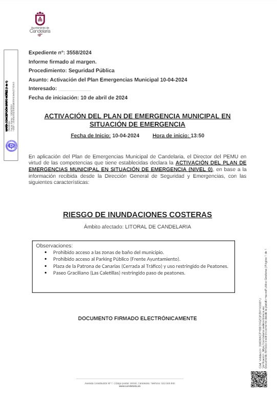 🌊ℹ️ ACTIVACIÓN PLAN DE EMERGENCIAS MUNICIPAL RIESGO DE INUNDACIONES COSTERAS Ámbito afectado: LITORAL DE CANDELARIA