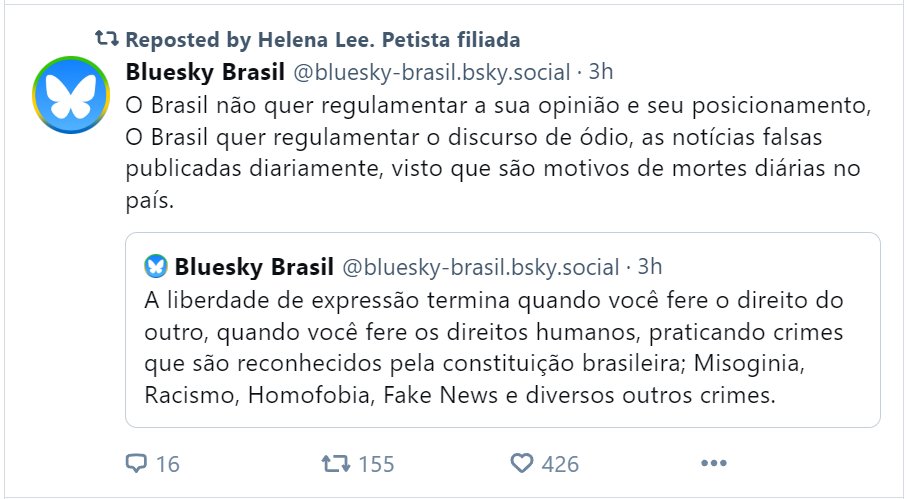 Coerência na BlueSky. A rede começa bem, tomando partido do que é certo. Já ganha minha confiança, vejam. Tô Lá, heim. Sigam me: @filhoolsen.bsky.social