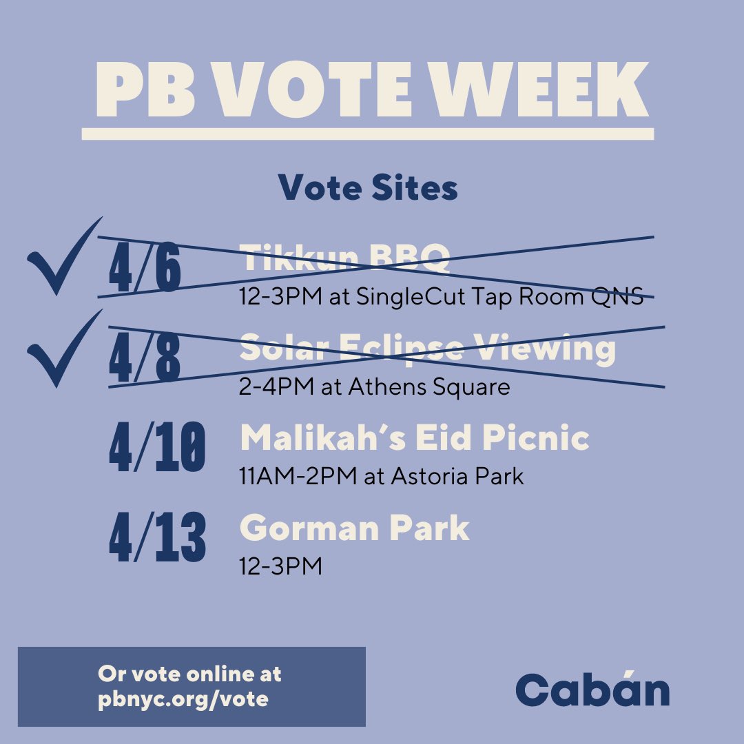 Two down, two to go! Come through Astoria Park at 11 for @wearemalikah’s Eid picnic and some #PB voting!