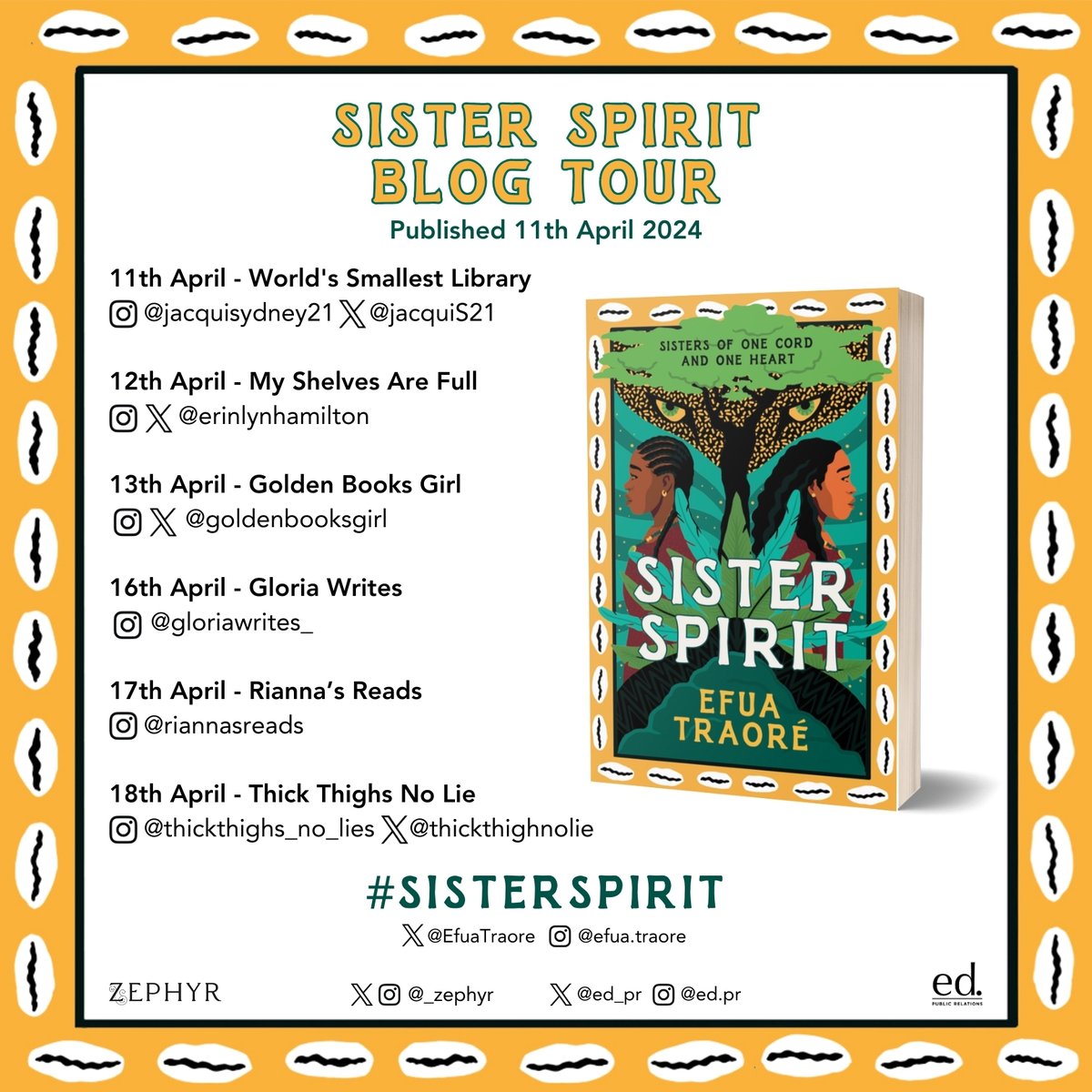 The blog tour for #SisterSpirit by @EfuaTraore is just around the corner! Keep an eye on the wonderful bloggers pages to read their thoughts on this young adult supernatural thriller that blends African myth, friendship, romance and self-discovery 👇📚