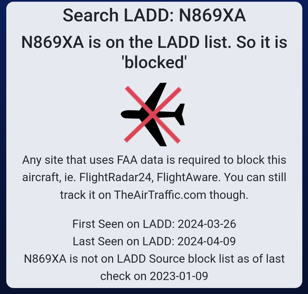 @flightradar24 They added themselves to the FAA LADD list at the end of March, which tracks with why @RadarBoxCom and @flightradar24 do not show the flights of the US-registered C208 that's conducting suspicious flights over 🇨🇦 while hiding their ownership behind a 'Trustee'

h/t @Jxck_Sweeney