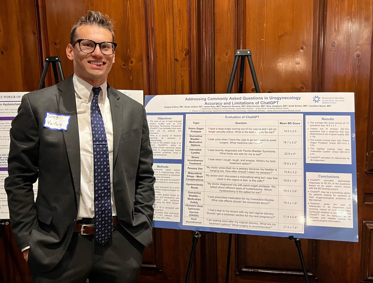 Greg Vurture, MD (@gvurture) on Twitter photo Thank you <a href="/NYOB_Society/">NY OB Society</a> for giving me the opportunity to present our findings on ChatGPT’s performance in answering commonly asked Urogynecology questions! Seems to be a promising tool but will require further vetting!
#URPS #OBGYN #MedTwitter Thank you <a href="/NYOB_Society/">NY OB Society</a> for giving me the opportunity to present our findings on ChatGPT’s performance in answering commonly asked Urogynecology questions! Seems to be a promising tool but will require further vetting!
#URPS #OBGYN #MedTwitter