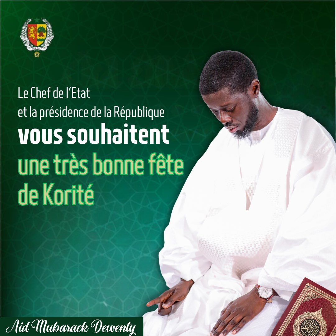 En ce jour de l'Aïd al-Fitr, le Chef de l'Etat, Son Excellence @DiomayeFaye et la Présidence de la République du Sénégal vous souhaitent une joyeuse fête de Korité. Que cette journée soit pour vous et vos proches une occasion de célébration, de dévotion et de partage.