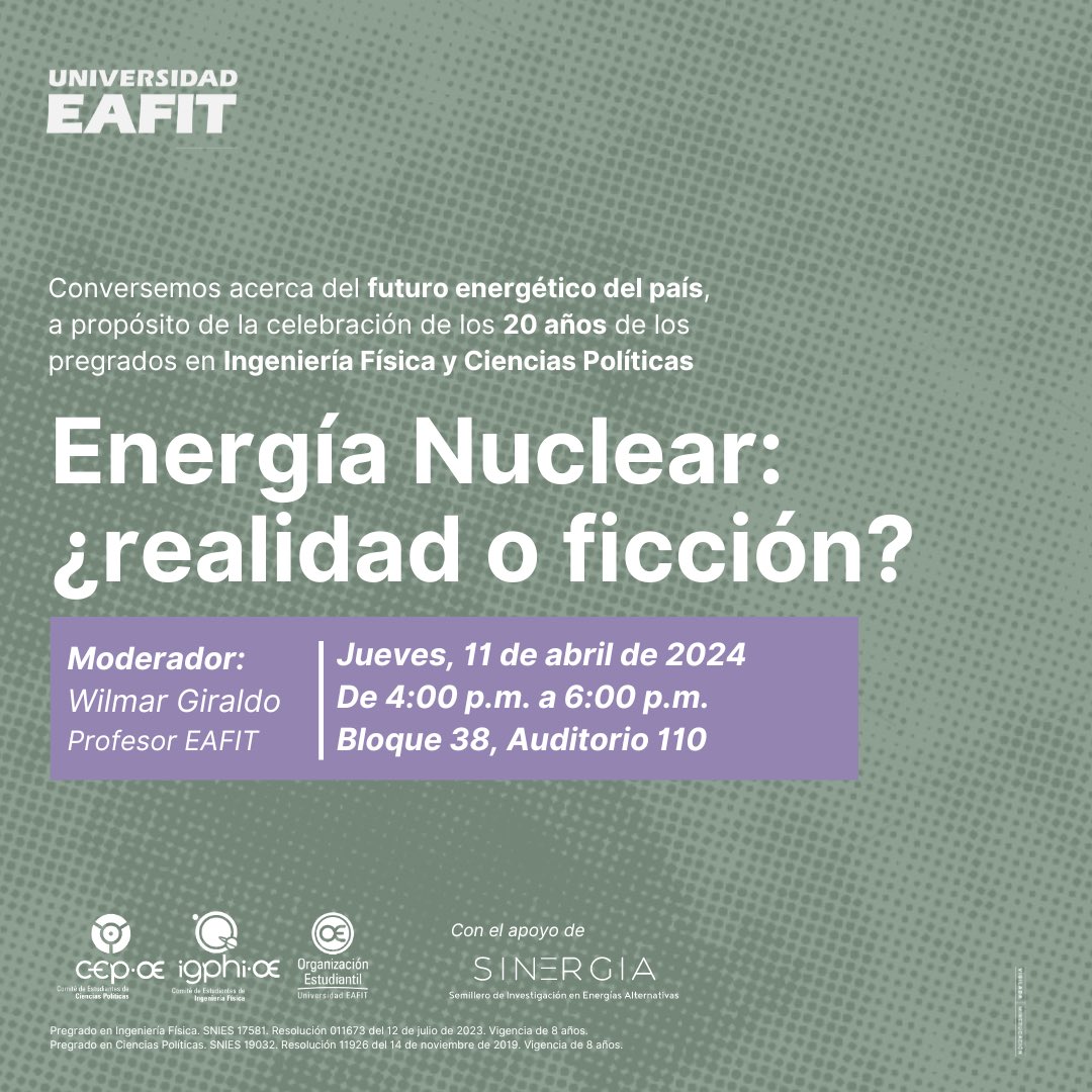 Lxs invitamos a nuestro primer evento del año ⚡️ Energía Nuclear: ¿realidad o ficción? ☢️ Un espacio abierto para todxs, donde se discutirá sobre el futuro energético de Colombia desde perspectivas científicas, sociales y políticas 💡
#energiasalternativas #energíanuclear
