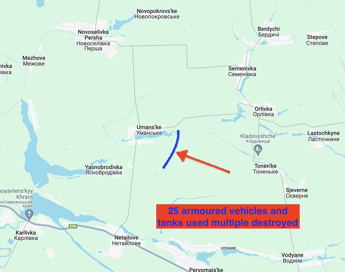 Ukrainian forces repelled 2 massive assaults yesterday south east of Umans'ke where more than 25 armoured vehicles were used heavy fighting continues today.