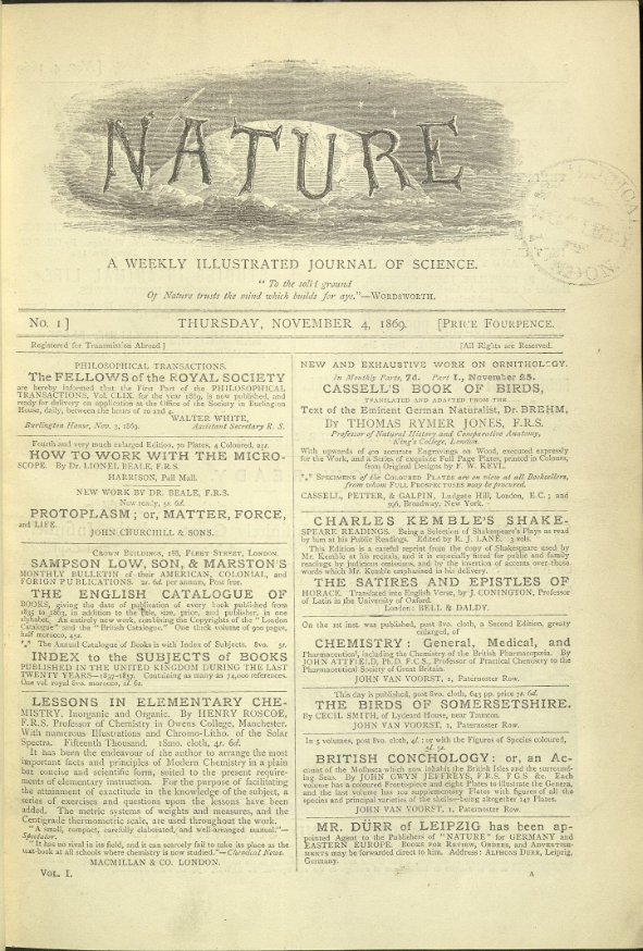 Today is #EYANature therefore we give you Nature - A weekly illustrated journal of science from 1869, which includes the quote by Wordsworth 'To the solid ground of nature trusts the mind that builds for aye.' #ExploreYourArchive