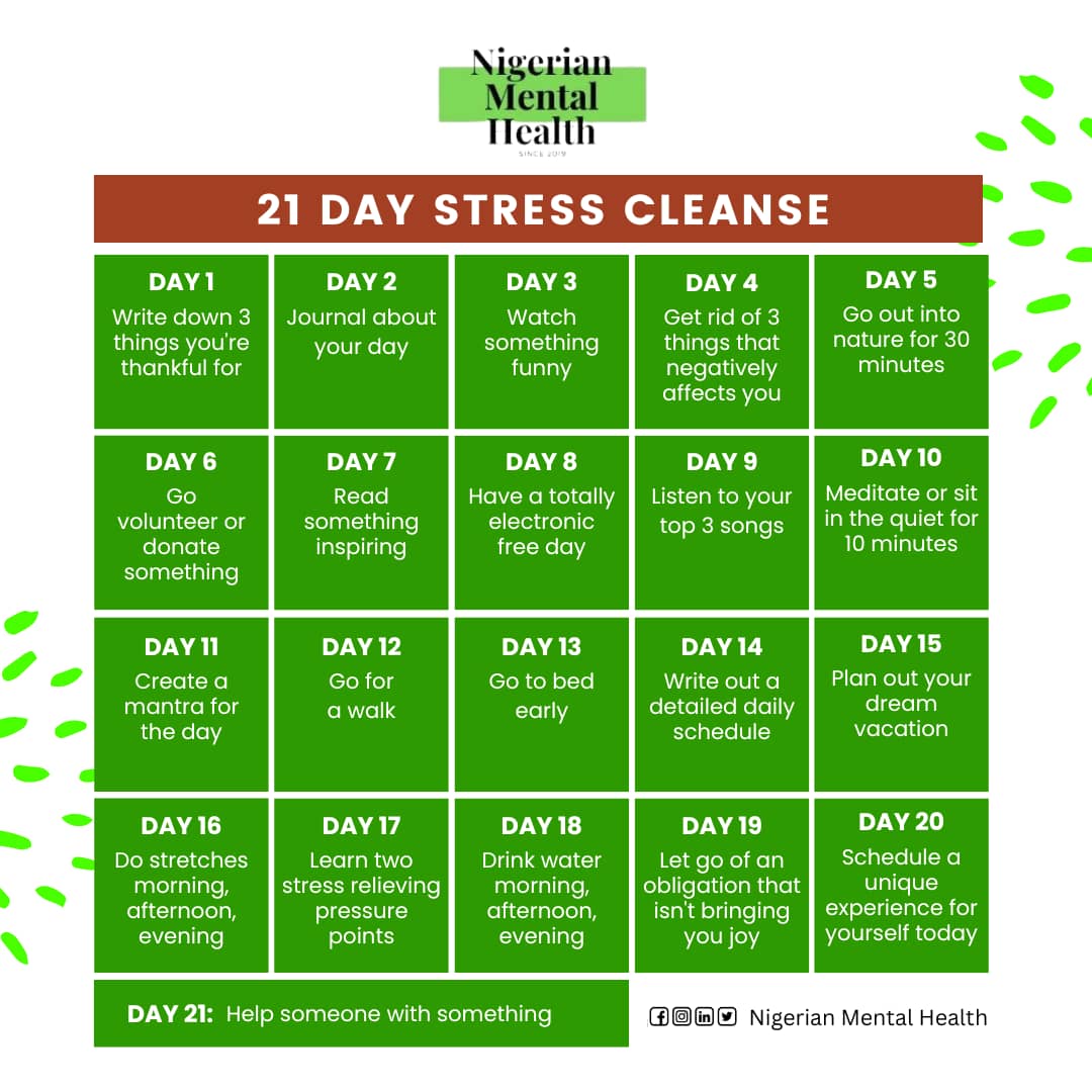 To commemorate Stress Awareness Month, join us on a 21-day stress cleanse.

For day 1, we kick off with gratitude. Tell us in the comments, what 3 things are you grateful for?

#NigerianmMentalHealth 
#21daystresscleanse
#stressawarenessmonth2024
