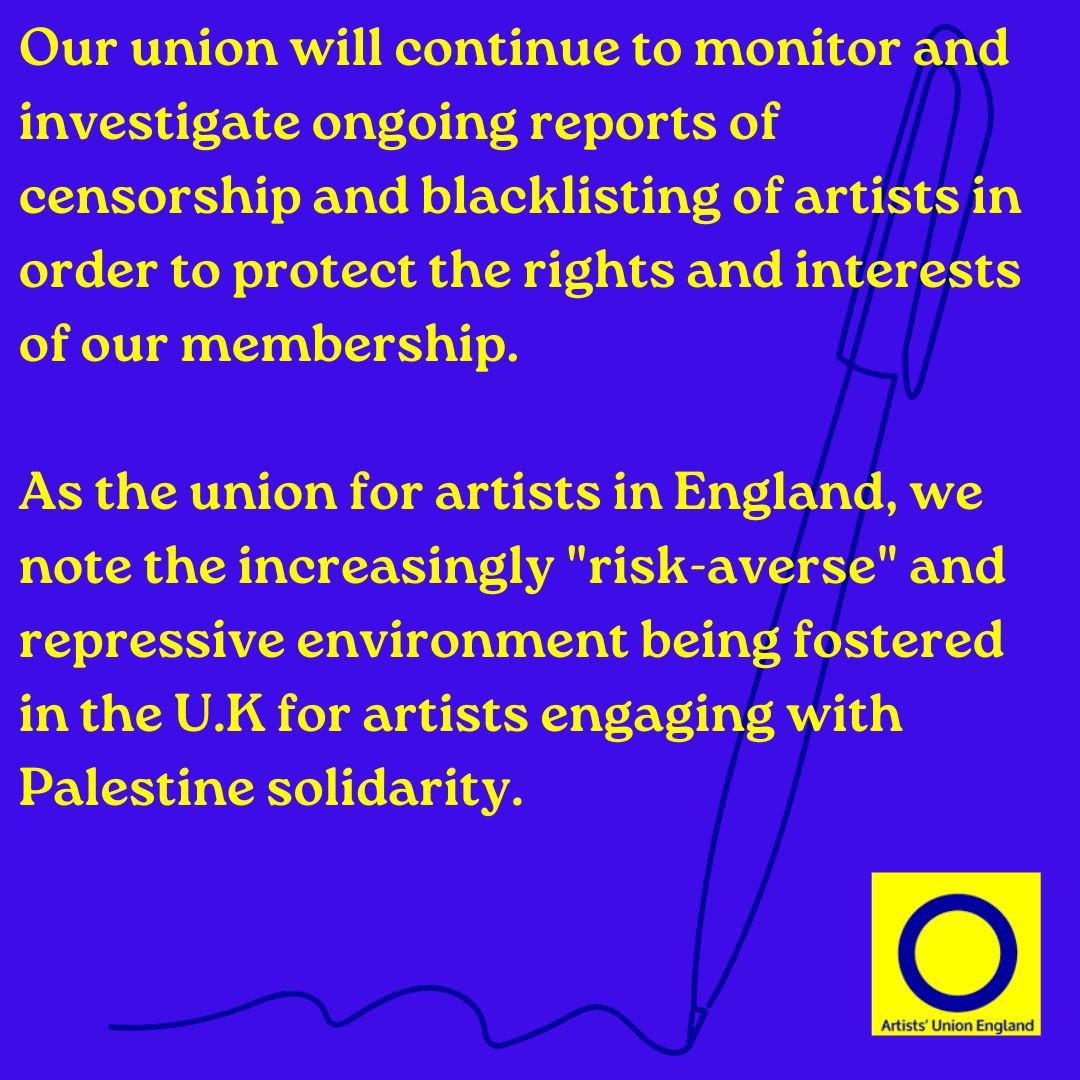 Scroll to read quotations from AUE’s statement against artistic censorship and in support of BDS campaigns. To read the full text of our response to the current climate of political repression, click here: buff.ly/3xsjxCO #solidarity #freepalestine