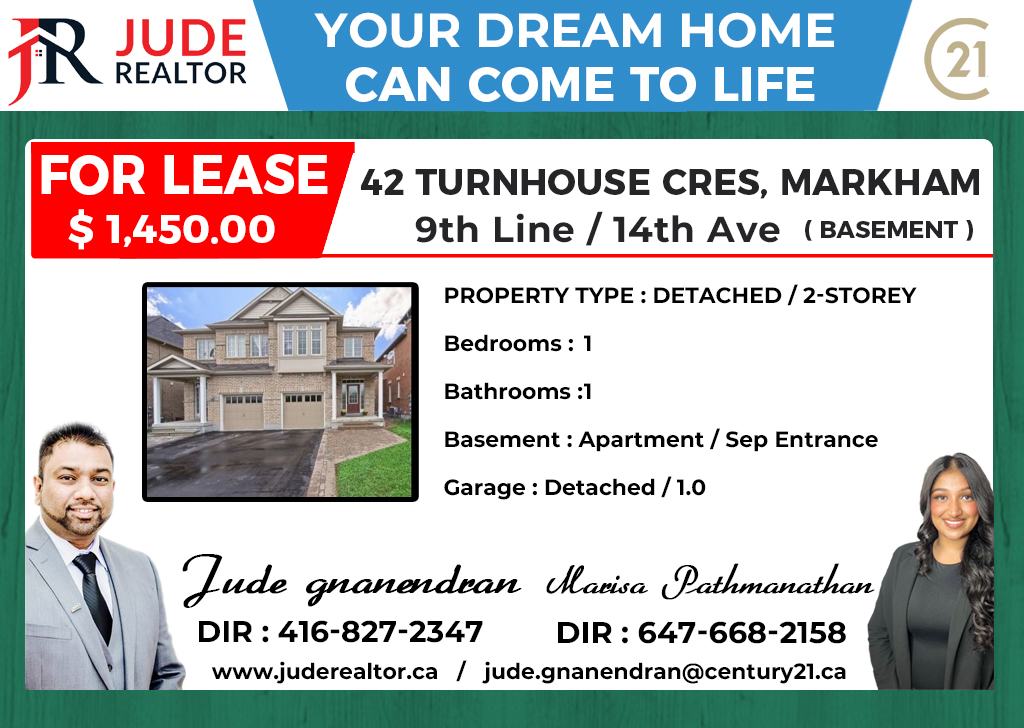 42 Turnhouse Cres, Markham (Basement)

Dir/Cross St : 9th Line / 14th Ave

Detached / 2-Storey

Bedrooms : 1

Washrooms : 1

Basement : Apartment / Sep Entrance

Please let me know if you need more information at 416-827-2347

#realtorjude #dreamhouse #gtarealestate #gtaRealtor