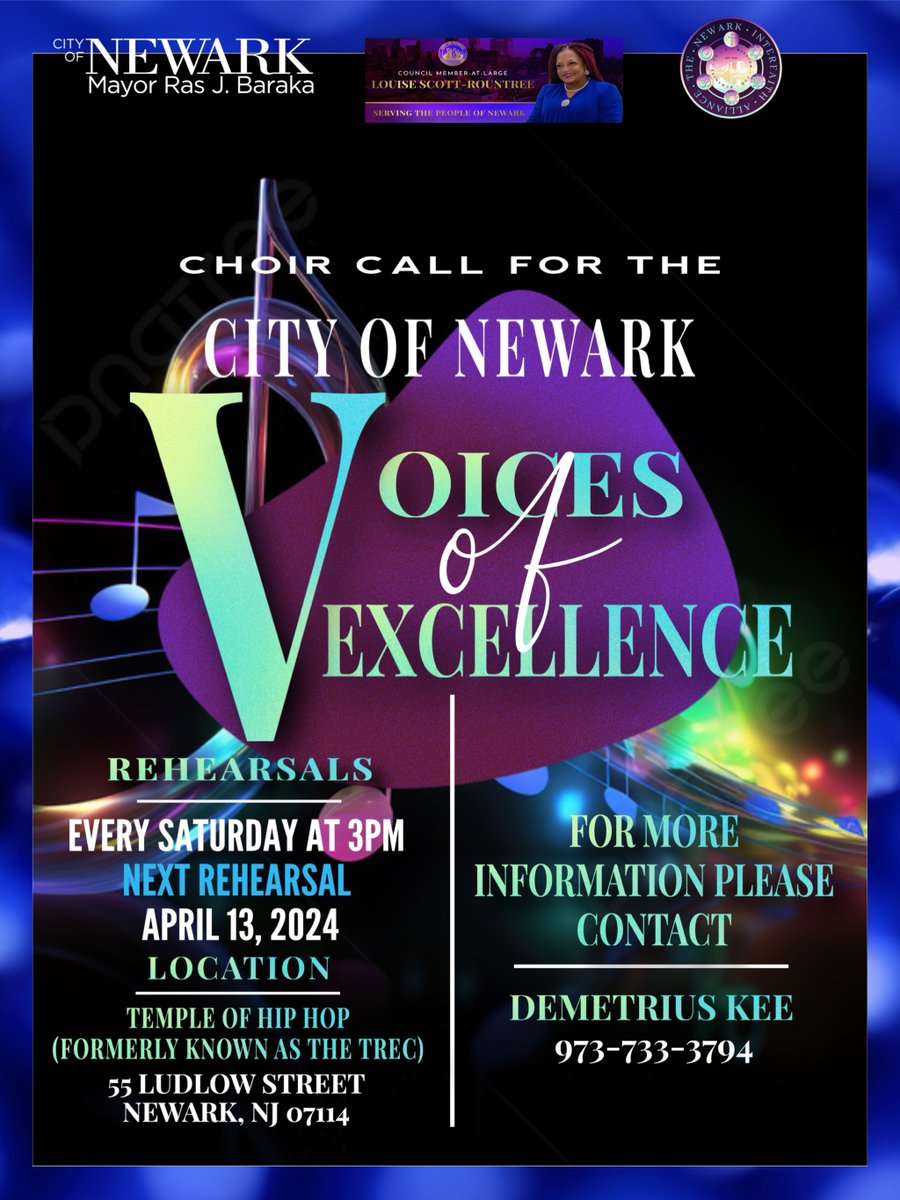 Choir Call for Voices of Excellence, a Newark Original Production! REHEARSALS EVERY SATURDAY AT 3PM NEXT REHEARSAL APRIL 13, 2024 LOCATION TEMPLE OF HIP HOP 55 LUDLOW STREET, NEWARK NJ