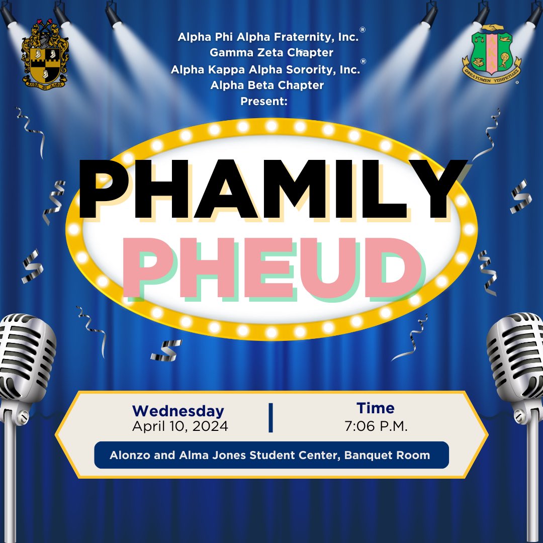 Join the ladies of the Alpha Beta Chapter of Alpha Kappa Alpha Sorority, Incorporated® and the men of the Gamma Zeta Chapter of Alpha Phi Alpha Fraternity, Incorporated® as they host Phamily Pheud on Wednesday, April 10, 2024 at 7:06 p.m. 
#AKA1908 #TuneInSAR #EmpowerOurFamilies