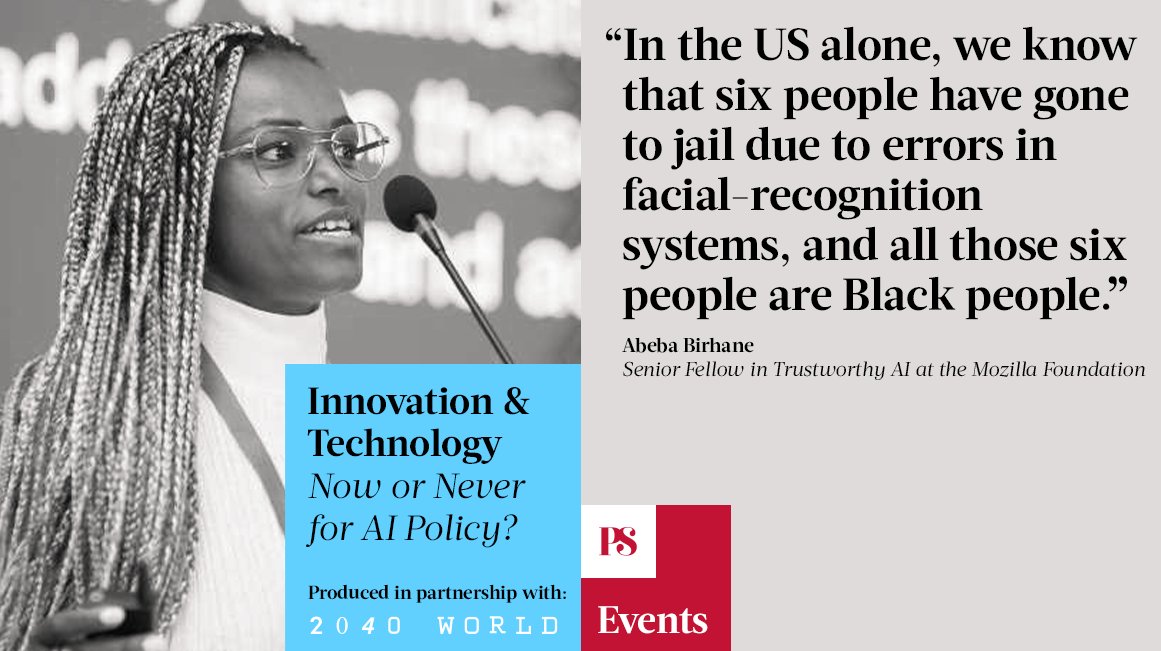 During our live #AIPolicy event, produced in partnership with @2040WorldX, @Abebab of @mozilla discusses the challenge AI poses to policymakers. Tune in now. #PSEvents #AIRevolutions twitter.com/i/broadcasts/1…