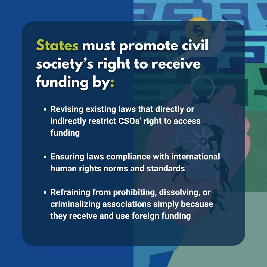 States must create and maintain an environment in which civil society can freely seek and receive funding. UNSR @cvoule's #guidelines provide key actions & recommendations for States to protect & promote civil society’s right to funding: bit.ly/46ByNdE