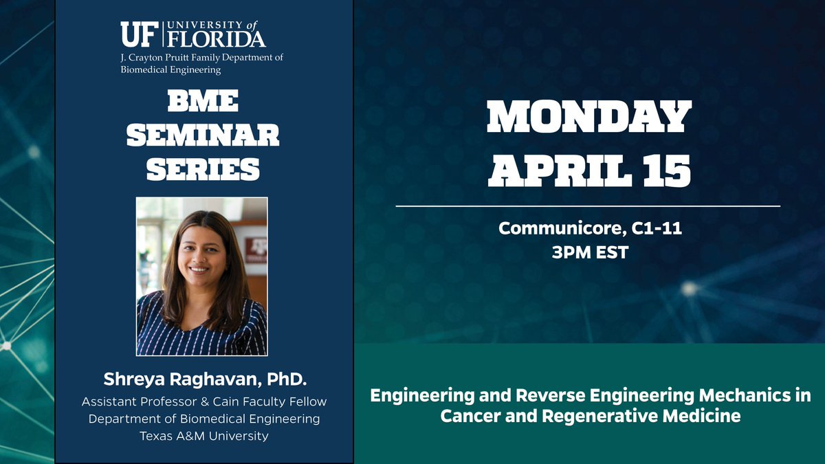 Join us Monday, Communicore C1-11, as we welcome Dr. Shreya Raghavan to our BME seminar series. @LabRaghavan