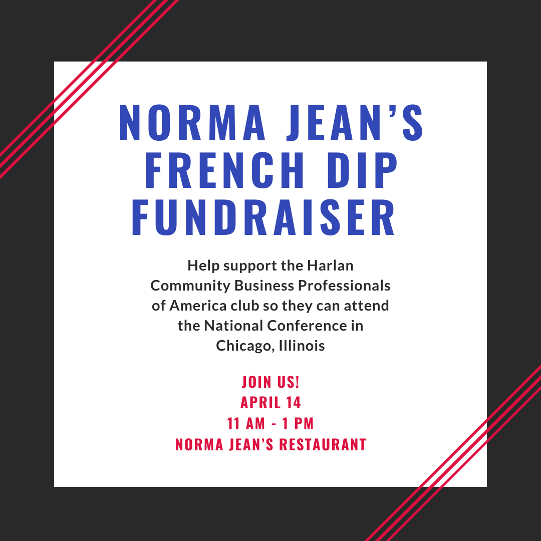 HCSDActivities's tweet photo. BPA is hosting a fundraiser for students who qualified for the the National BPA Conference! Stop by Norma Jean's in Panama on Sunday, April 14th for their famous French dip and dessert! 🍽️
📍 Norma Jean's, Panama, Iowa
🕚️ 11am - 1pm https://t.co/h7pGFbpeYu