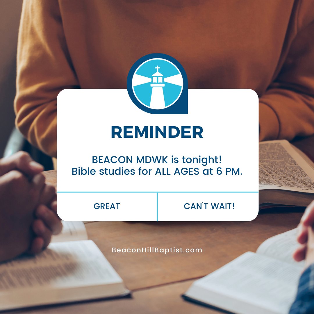 🔥 Tonight's the night! 🔥 Beacon MDWK is back, bringing you Bible studies and activities for all ages at 6 PM! 📚✨ Don't miss out on this opportunity to dive into meaningful discussions and connect with others! See you there! #BeaconMDWK #BibleStudies #CommunityConnection 🙌📖