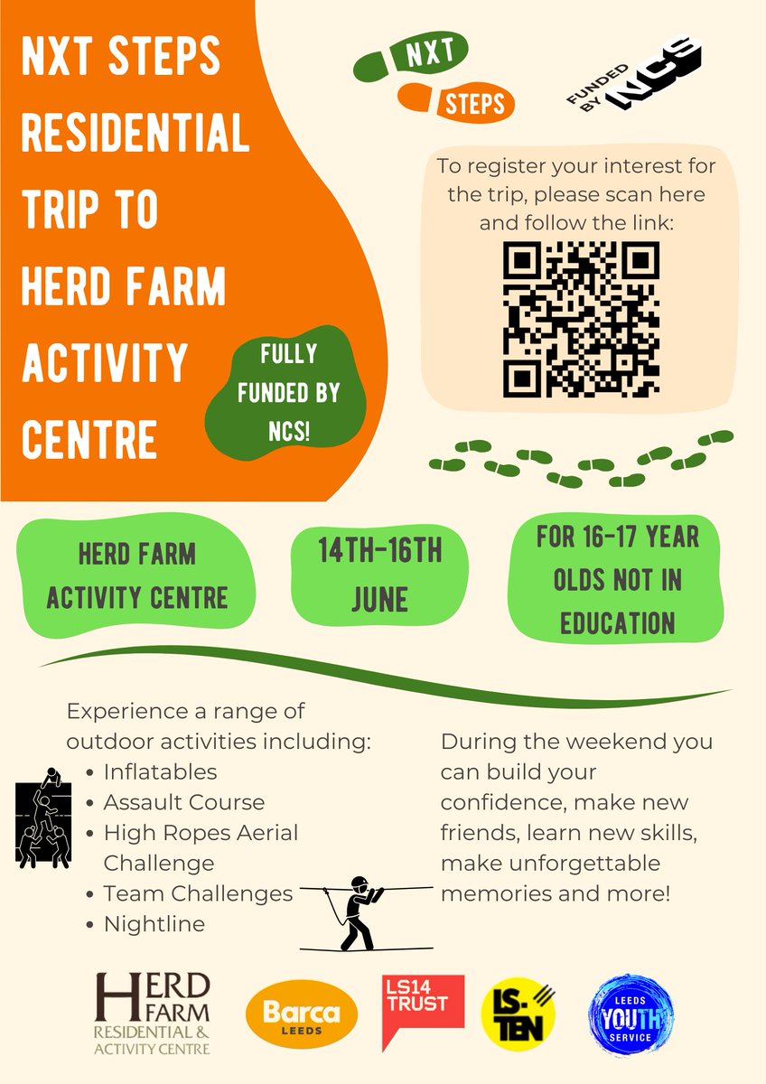 Registrations are open for our Nxt Steps Residential 🧗 14th to 16th June @HerdFarm This fully funded weekend is open to 16 to 17 year olds who are at risk of or already Not in Education Employment or Training (NEET). Register your interest: wue1a03hmw1.typeform.com/to/zQc31zbl