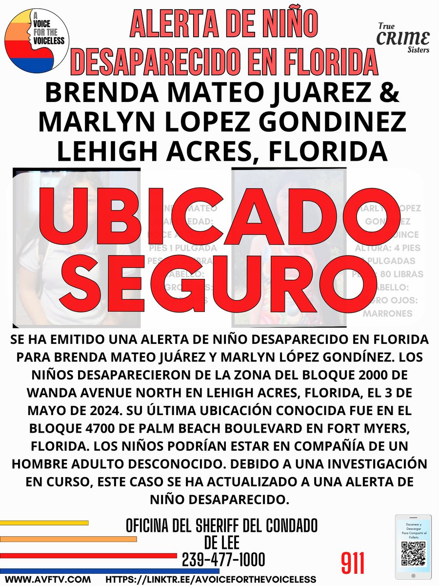 Amazing news to share! #BrendaMateoJuarez and #MarlynLopezGondinez have been located safe! Thank you to everyone for sharing their flyer and keeping awareness for them.