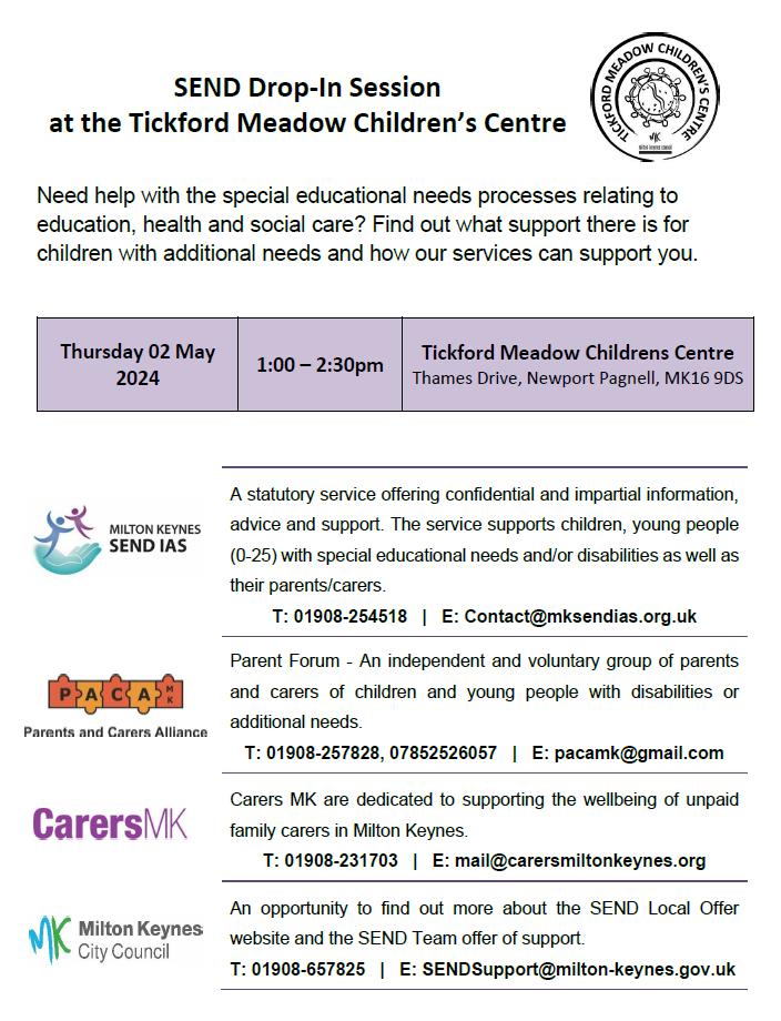 We'll be at the SEND Drop-In Session on 2nd May, 1pm-2.30pm at the Tickford Meadow Children's Centre, along with MK SENDIAS, @PacaMk & @mkcouncil Local Offer.

Find out what support there is for children with additional needs and how our services can support you.

#parentcarers