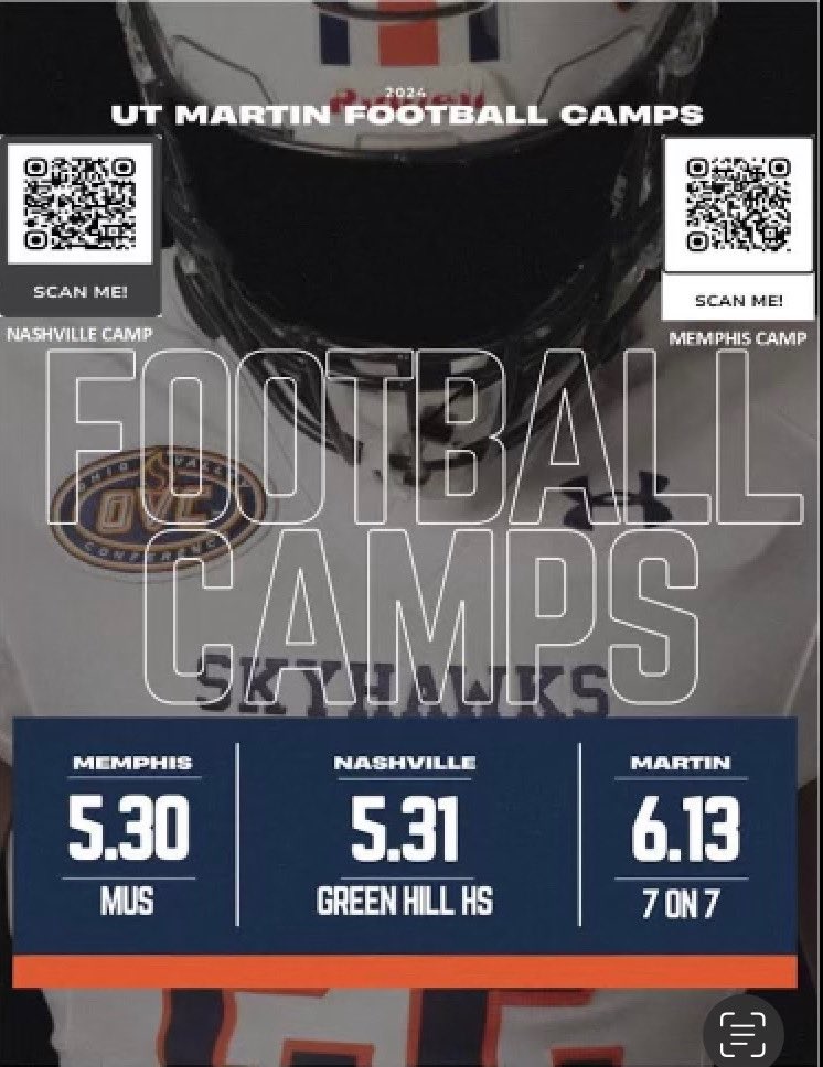 It’s almost Camp Season!!! Great opportunity to show us your competitiveness, ability, and be coached by our staff! Use the QR codes to pre-register. Shoot me a message to let me know what date you sign up for! @UTM_FOOTBALL #Skyhawks Let’s Let It Rip!