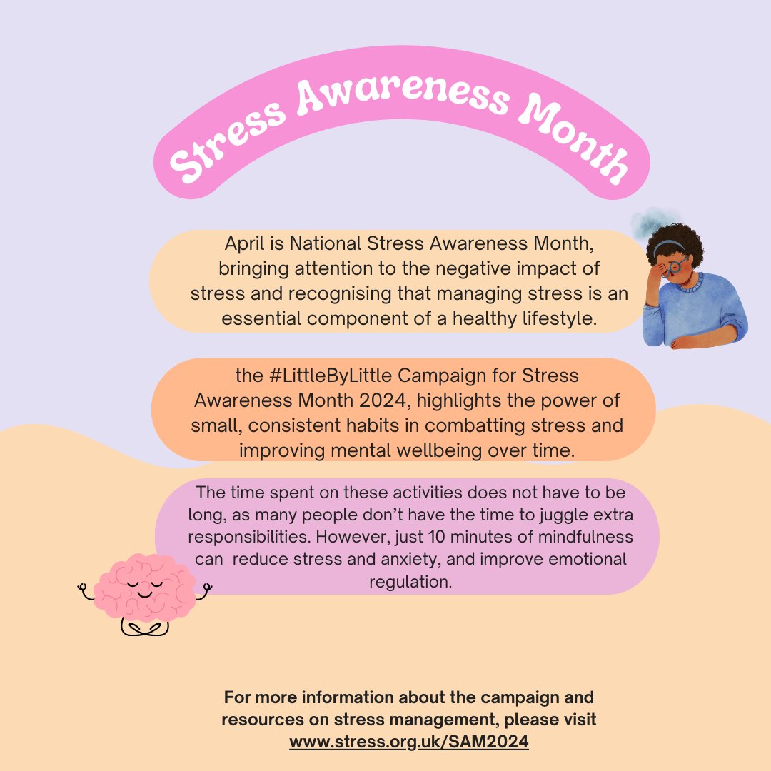 April is National Stress Awareness Month. The 2024 theme #LittleByLittle emphasises how small steps taken each day towards self-care can improve mental wellbeing. For more information and resources visit Stress Management Society at stress.org.uk/sam2024/ #StressAwarenessMonth