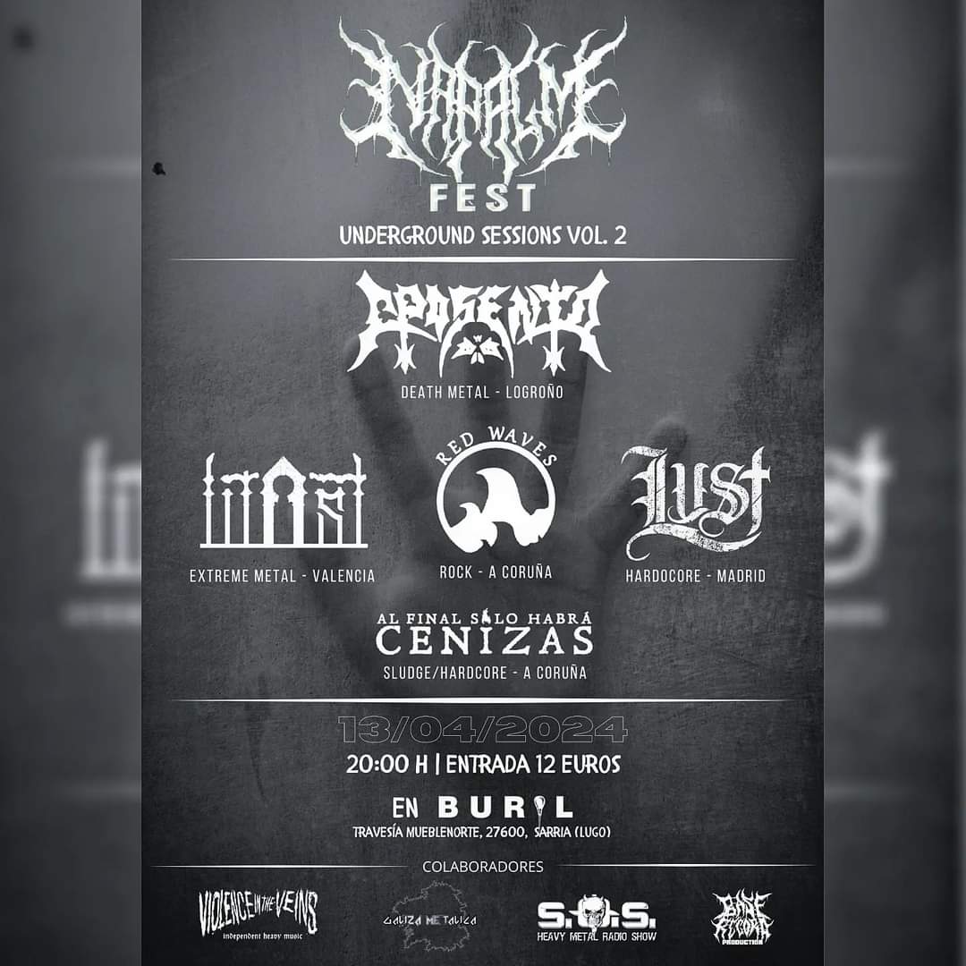 Este sábado día 13 nuevo asalto del Napalm Fest en <a href="/Buril9/">Buril</a> . Con Aposento, Litost, Red Waves , Lust &amp; Al final sólo habrá cenizas. A partir de las 20H. Os esperamos!!
#festival #livemusic
