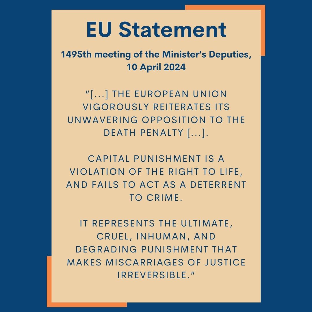 Today, a thematic discussion on the death penalty was held during the @CoE meeting of the Ministers’ Deputies. The EU🇪🇺reiterated its unwavering opposition to the capital punishment⚖️. 📣Read the full statement here: europa.eu/!DvhYyq