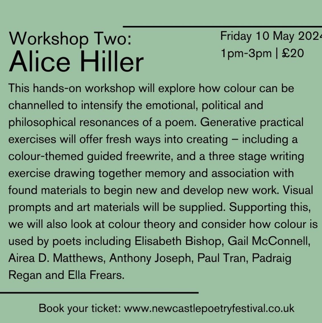 😌We’re really looking forward to @alice_hiller ‘Colour as portal and energy channel’ workshop on Fri 10 May 1-3pm 🌈🎨 Booking info 🎫newcastlepoetryfestival.co.uk