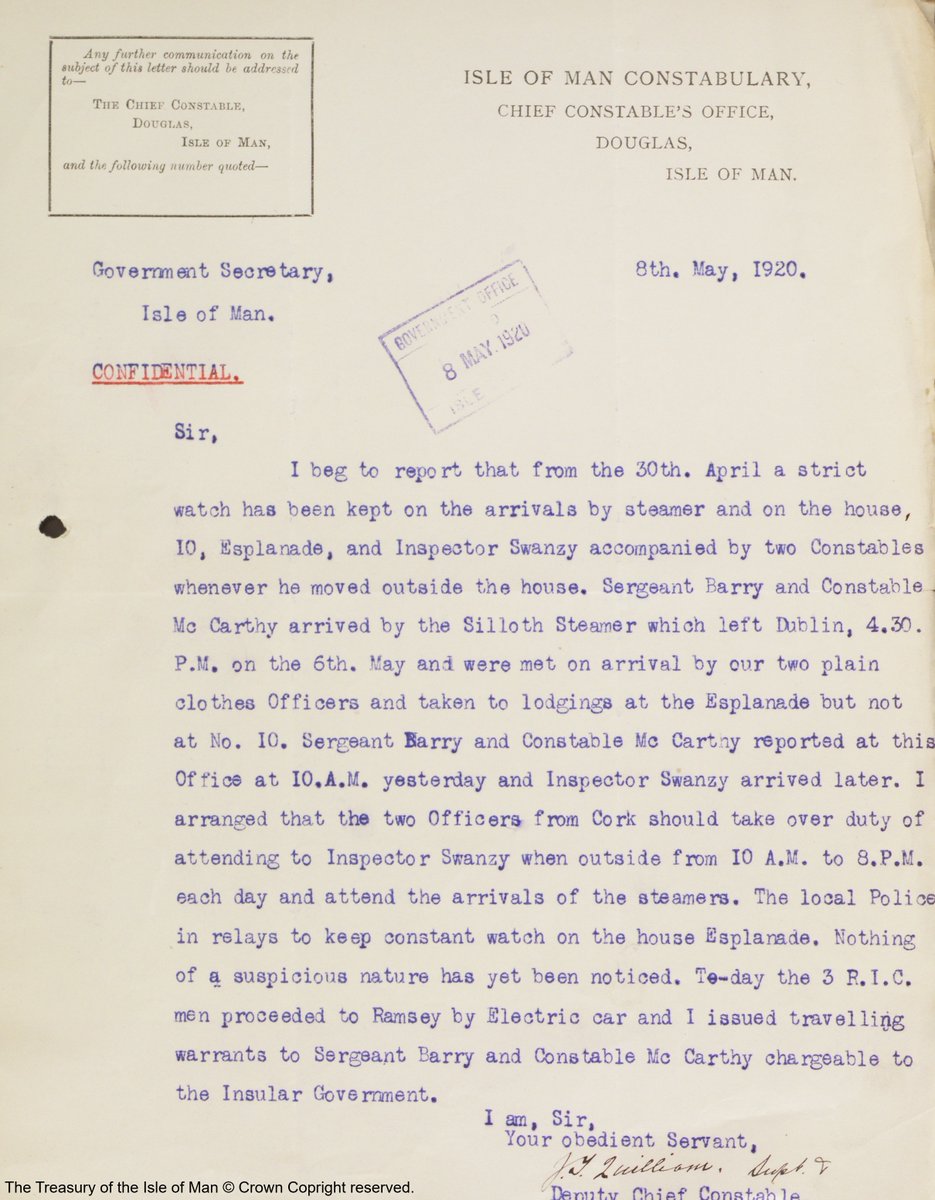 In April 1920, following the murder of the Lord Mayor of Cork, Tomás MacCurtain, RIC District Inspector Oswald Swanzy went into hiding in the #IsleOfMan, pursued by four men from Cork. He was assassinated in Lisburn in August 1920. [Ref: S17/1/101] #HiddenHistories #Archive30