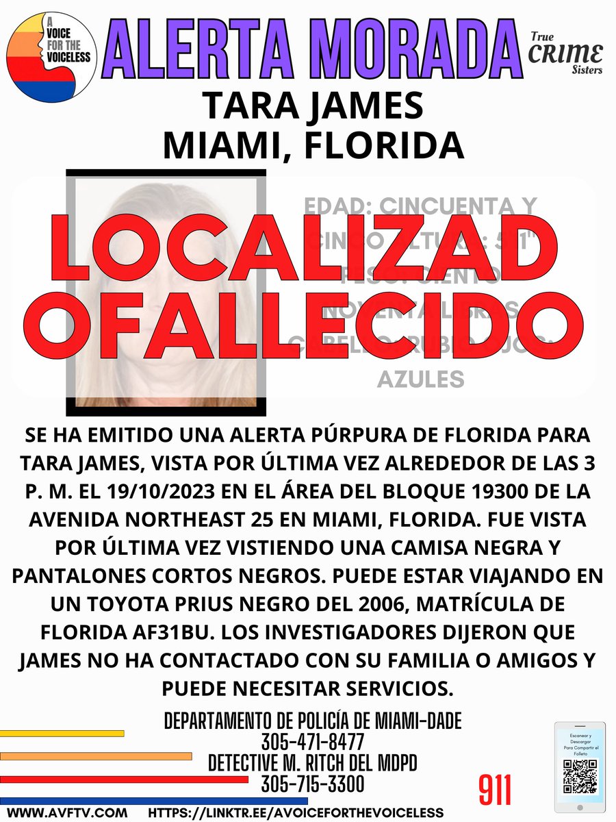 Heartbreaking #Update It is with a heavy heart that we share that #TaraJames was located deceased. During this difficult time, we kindly ask for your support for the family and respect for their privacy. Thank you for your understanding and condolences.