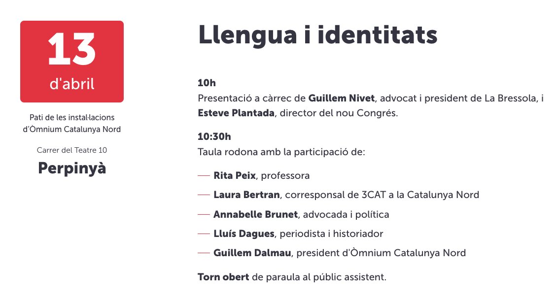 El #NouCongrés inicia aquest dissabte, a Perpinyà, els actes programats el 2024. Amb debat, públic i convidats de luxe: Laura Bertran, Annabelle Brunet, Lluís Dagues, Guillem Dalmau i Rita Peix Us hi esperem! 📅13 d'abril ⏰10h 📍Carrer del Teatre 10 🔗noucongres.cat