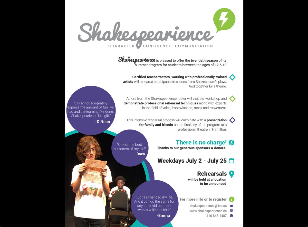 Calling students in grade 7-12! Take part in an amazing FREE drama program this July in downtown Hamilton. No experience necessary! Applications are due by April 26. See your drama teacher for more information.