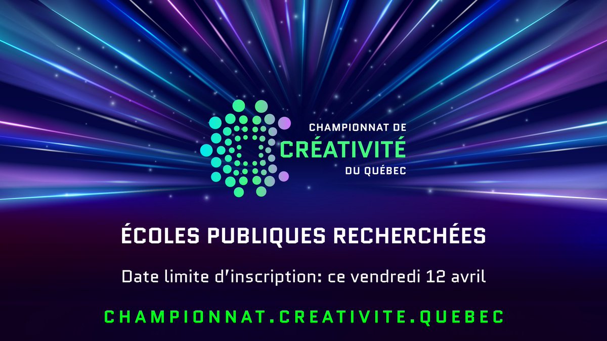 📣 Appel aux écoles publiques!
Si votre candidature est retenue, vos frais d'inscription seront couverts en totalité par les partenaires du Championnat 😎

Postulez par ici: championnat.creativite.quebec

#CCQ2024 #Championnat #créativité #compétences #CQ