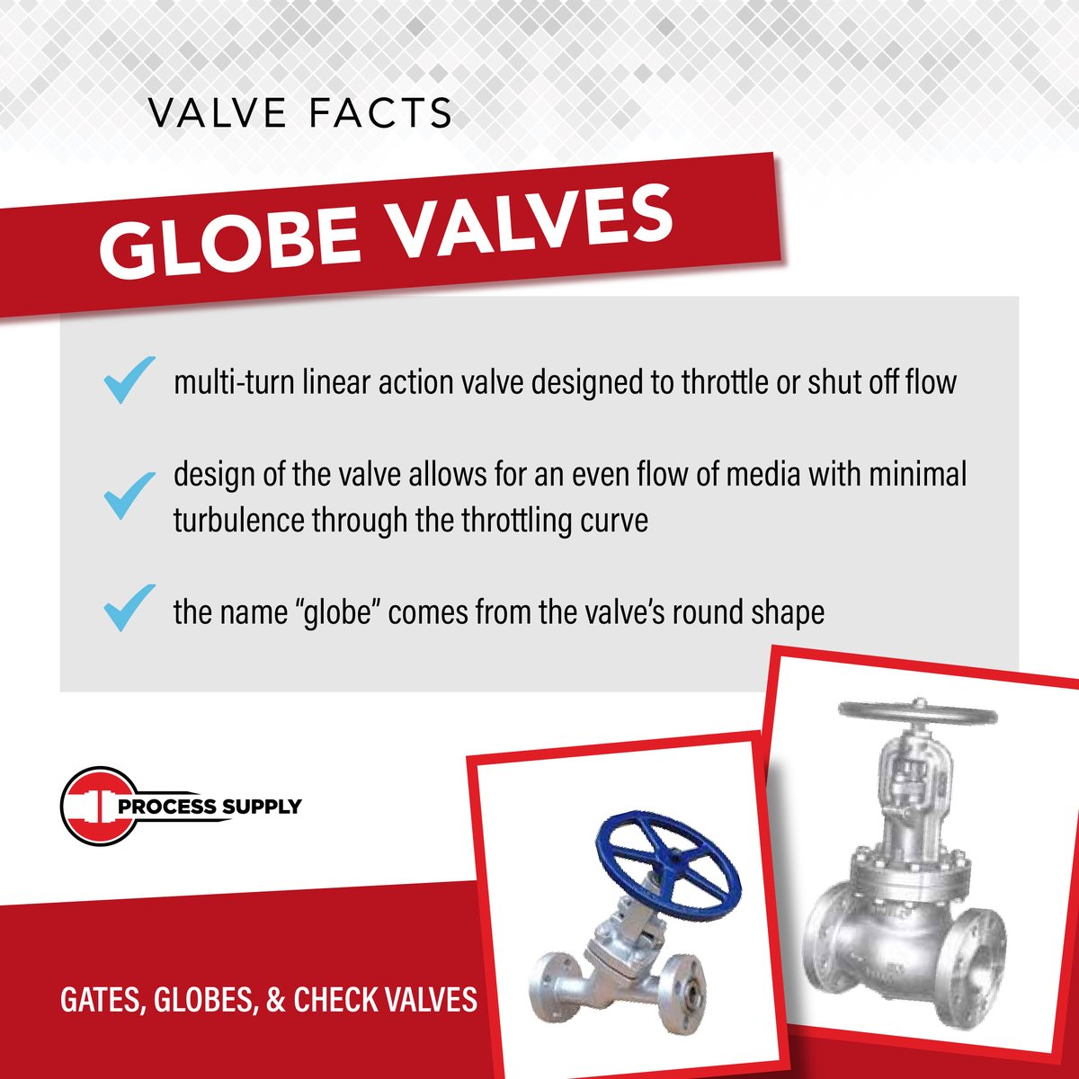 #GlobeValves offer versatile flow control, capable of blocking or allowing fluid passage. Featuring a distinctive round shape, they are comprised of two body halves divided by an internal baffle. Learn more about their functionality: ow.ly/KH1Y50R7X0G
#industrialsupply