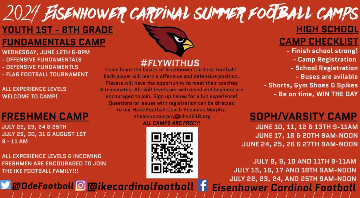 🚨IKE FOOTBALL SUMMER CAMP🚨 🏈 Youth Camp 🏈 Freshmen Camp 🏈 Sophomore & Varsity Camp Registration below. We look forward to a great summer! eisenhowerhs.8to18.com/accounts/login #Team90 #FlyWithUs 🔴⚪️🏈🔥