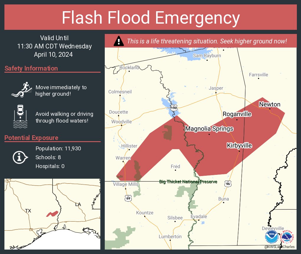 Flash Flood Emergency continues for Newton TX, Kirbyville TX and Roganville TX until 11:30 AM CDT