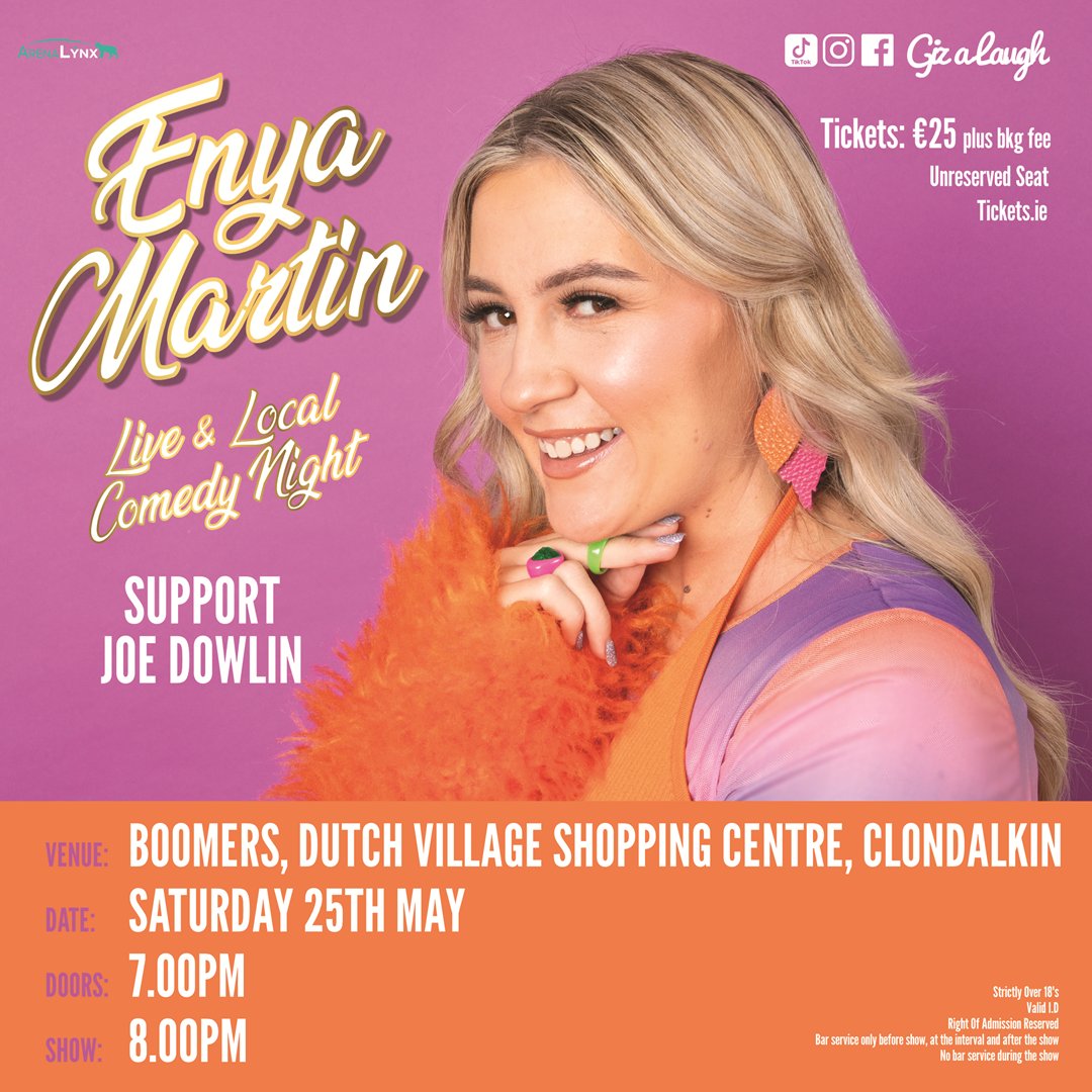 🚨 𝗢𝗡 𝗦𝗔𝗟𝗘 𝗡𝗢𝗪 🚨 The hilarious Enya Martin @Gizalaughnew is staying close to home. No Luas or buses this night. She is bringing her stand up comedy show to her local, Boomers pub in Clondalkin with support from Joe Dowlin. 🎟👉 bit.ly/EnyaMartin-Boo… #arenalynx
